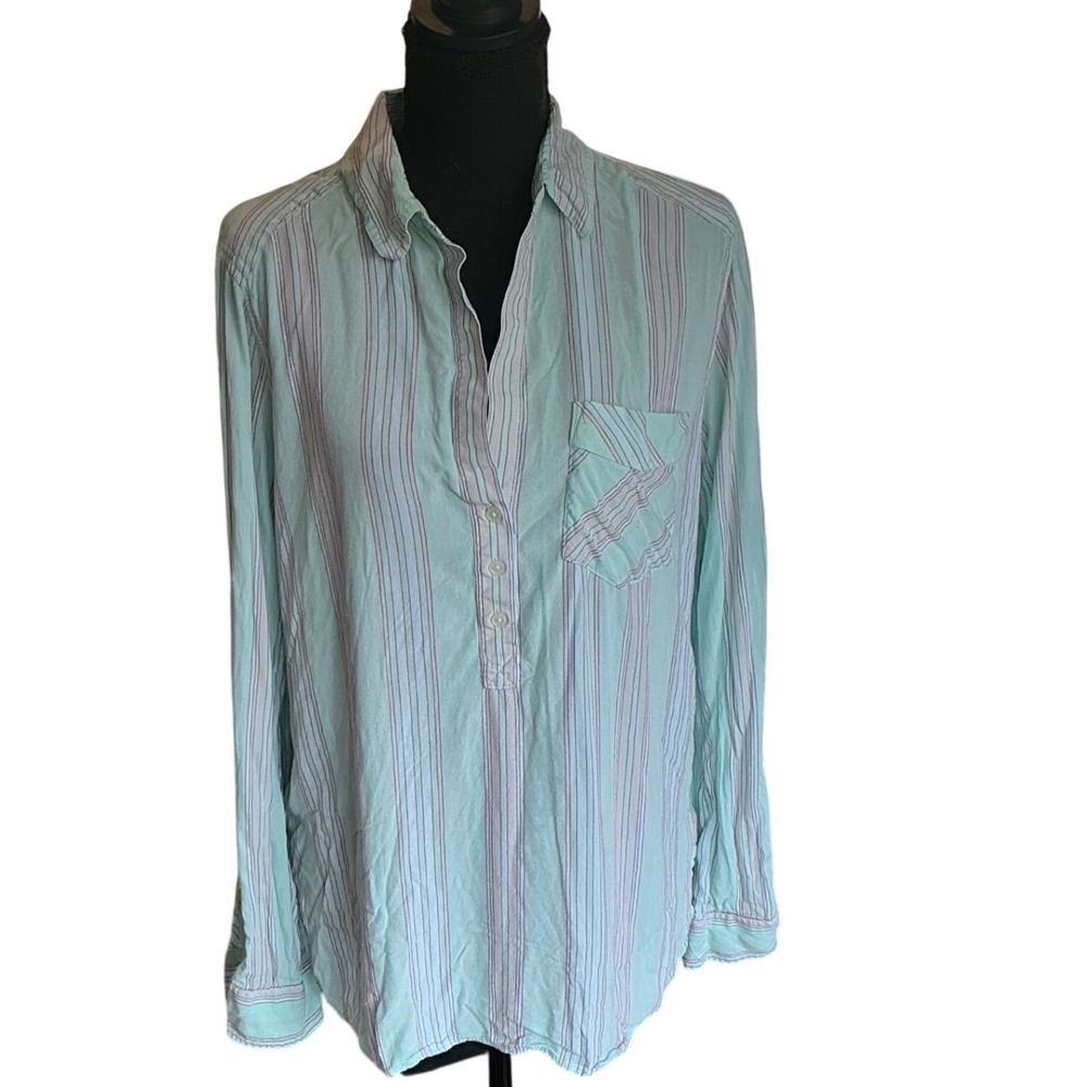 Express Womens Mint Green Striped Long Sleeve Henley Blouse‎ Shirt Medium